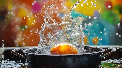 Obraz na płótnie Frying a whole in an outdoor frying pot in a yard isolated on a colorful background w salonie