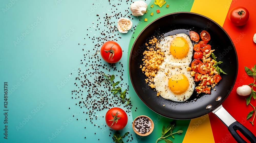 Frying foods macrophotography isolated on a colorful background