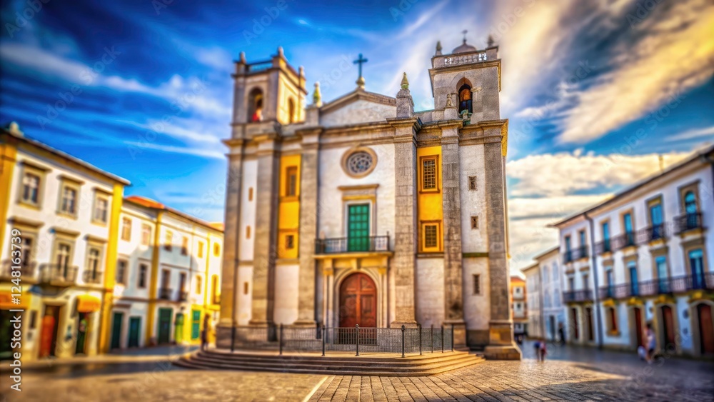 Fototapeta premium Evora's church, a captivating travel destination, showcased in miniature through tilt-shift photography.