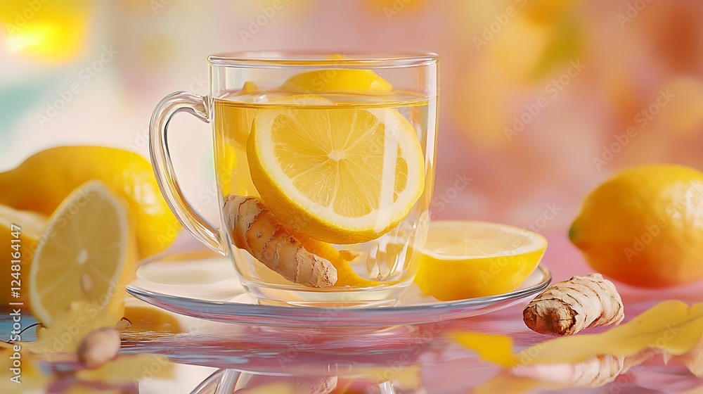 Ginger lemon tea and autumn winter fashion fashionable still life isolated on a colorful background
