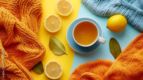 Obraz na płótnie Ginger lemon tea and autumn winter fashion fashionable still life isolated on a colorful background w salonie