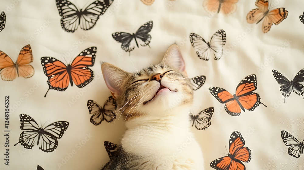 Gorgeous butterflies on an ivory background with a happy cat