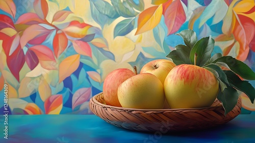 Obraz na płótnie Golden delicious and jazz apples at harvest isolated on a colorful background w salonie