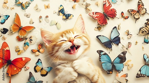 Obraz na płótnie Gorgeous butterflies on an ivory background with a happy cat w salonie