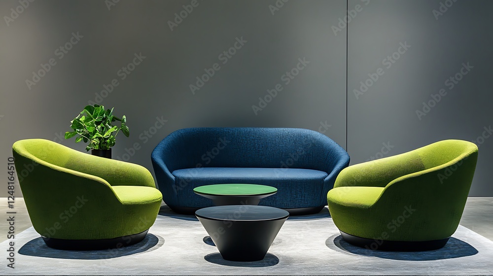 Green chairs in a modern setting with a sleek blue couch against a gray backdrop