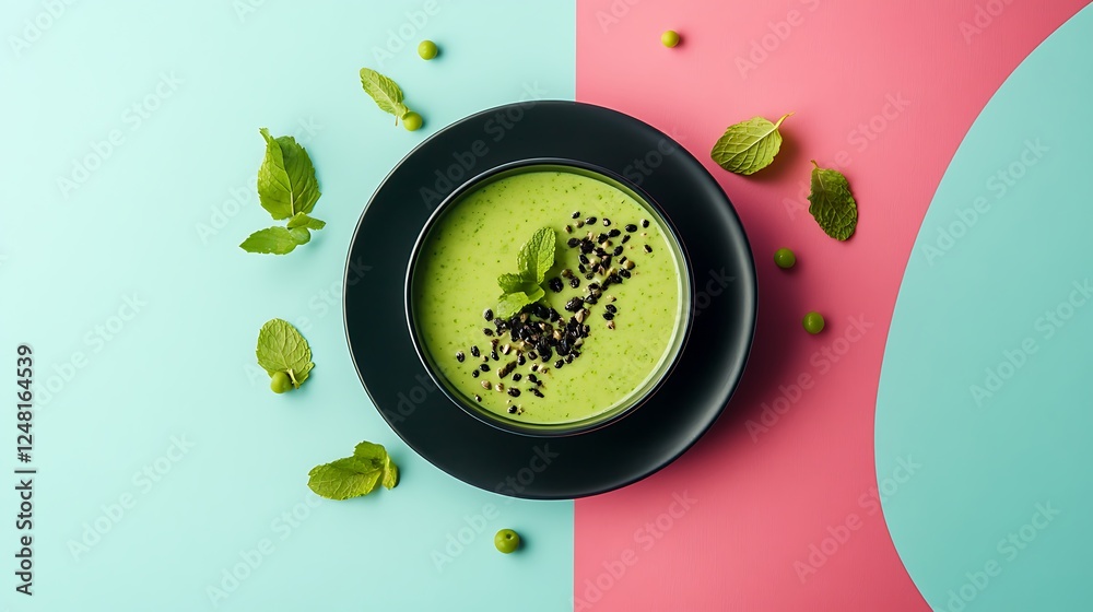 Green peas cream soup in dark plate directly above shot of vegetarian green cream soup of green peas with seeds and mint leaves on kitchen counter isolated on a colorful background