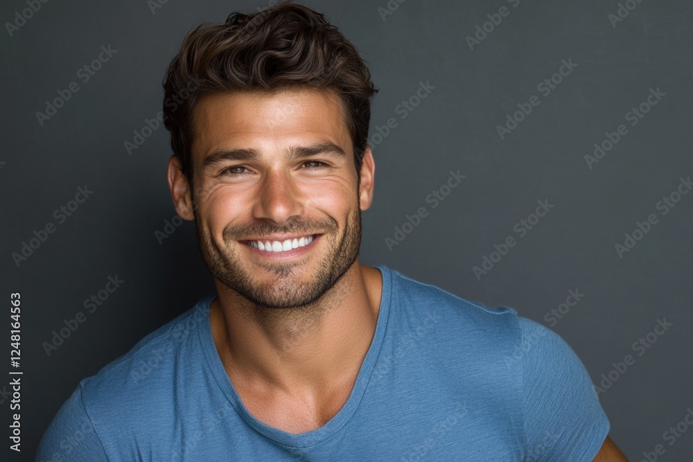 Obraz premium Confident Smiling Man in Blue T-Shirt, Casual Studio Portrait. Generative AI.