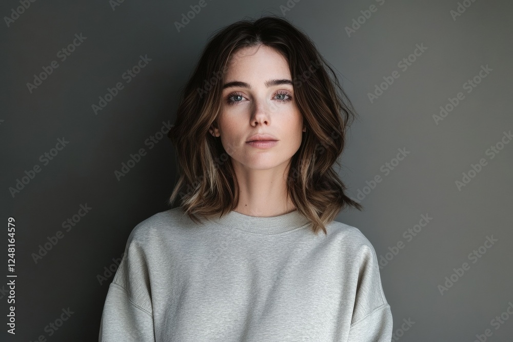 Elegant Woman with Wavy Hair in Light Gray Sweater, Studio Portrait. Generative AI. Elegant Woman with Wavy Hair in Light Gray Sweater, Studio Portrait. Generative AI.