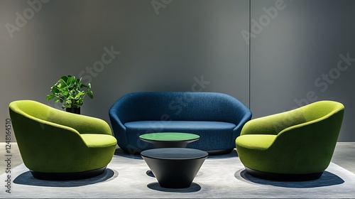 Green chairs in a modern setting with a sleek blue couch against a gray backdrop