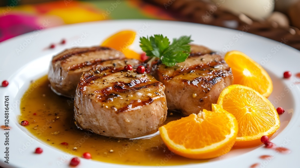 Grilled pork loin medallions in a luscious orange sauce on a white plate with colorful orange sections and red peppercorns as garnish isolated on a colorful background