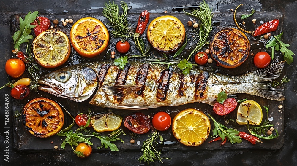 Grilled fish with citrus and vegetables on a barbeque barbecue