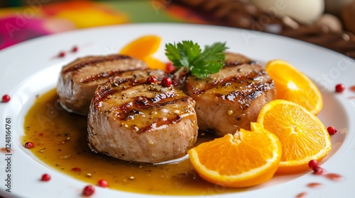 Obraz na płótnie Grilled pork loin medallions in a luscious orange sauce on a white plate with colorful orange sections and red peppercorns as garnish isolated on a colorful background w salonie