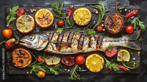 Obraz na płótnie Grilled fish with citrus and vegetables on a barbeque barbecue w salonie