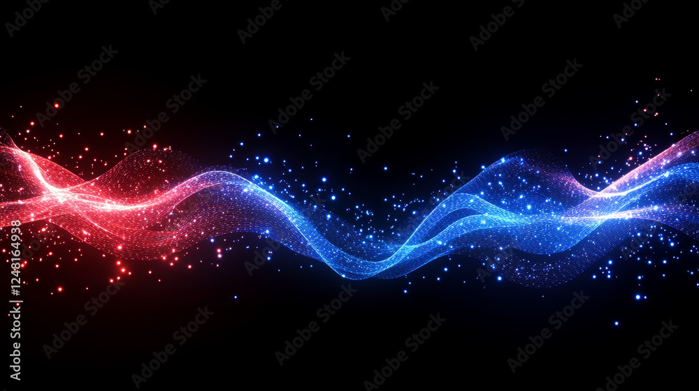 Obraz premium Abstract light lines of motion and speed with blue and red color, sparks. Light everyday glowing effect. semicircular wave, curve light track swirl, car headlights, incandescent optical fiber. 