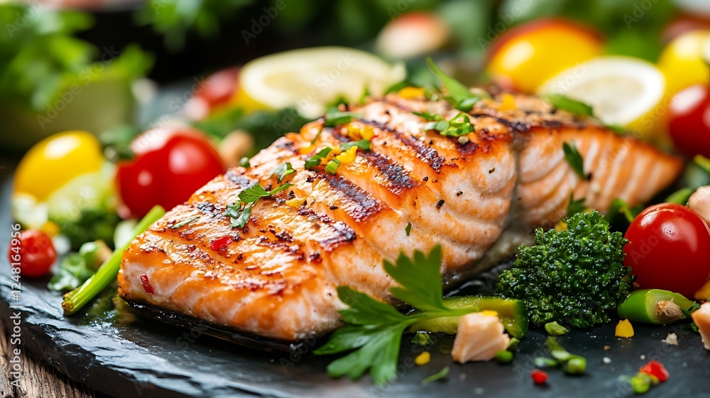 Grilled salmon on fresh vegetables on wooden table isolated on a colorful background