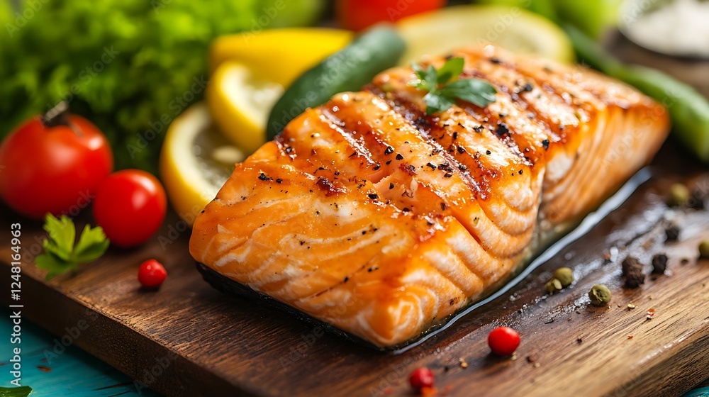 Grilled salmon on fresh vegetables on wooden table isolated on a colorful background
