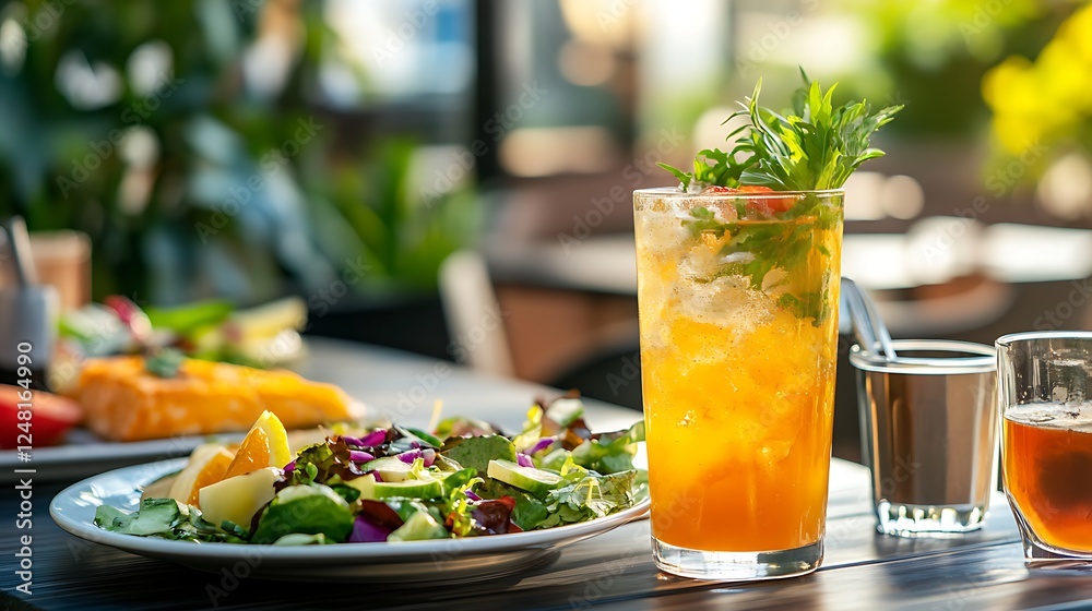 Grilled salmon served with a refreshing drink and salads