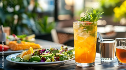 Obraz na płótnie Grilled salmon served with a refreshing drink and salads w salonie
