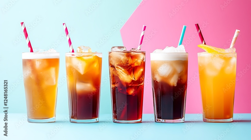 Group of assorted iced tea drinks with iced latte with disposable straw isolated on a colorful background