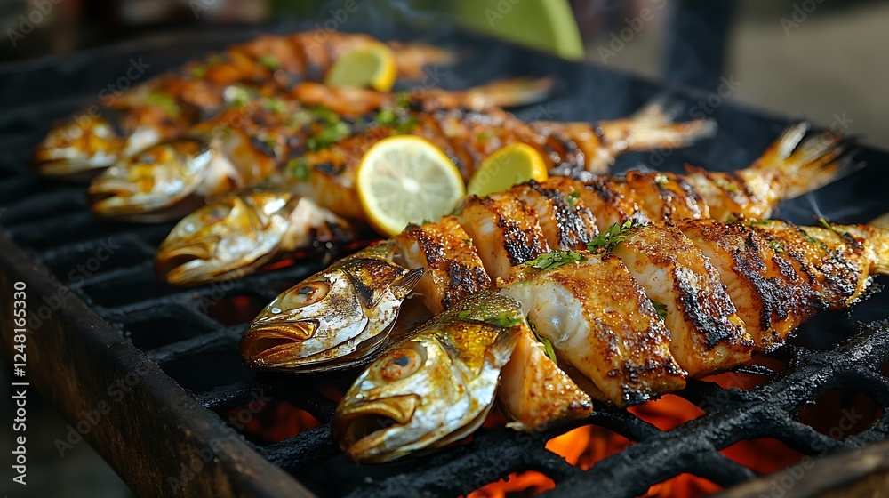 Grilling delicious fish with citrus and spices