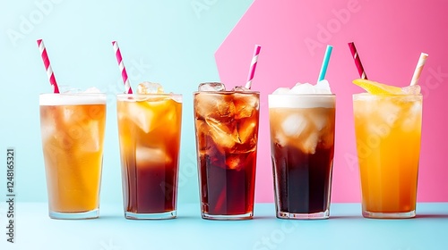 Obraz na płótnie Group of assorted iced tea drinks with iced latte with disposable straw isolated on a colorful background w salonie