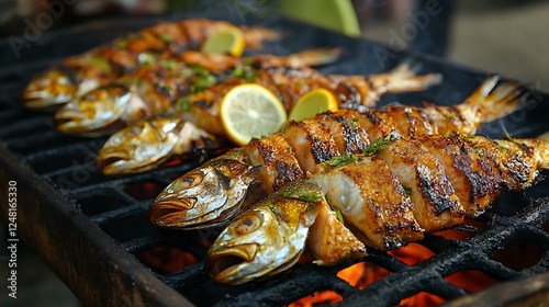 Grilling delicious fish with citrus and spices