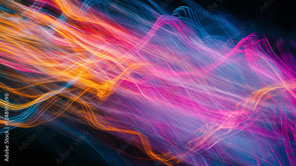 Obraz premium Car light speed motion effect. Blurred streaks of fast movement, road traffic with long exposure at night. Abstract blue and red neon lines isolated on black background, vector realistic illustration