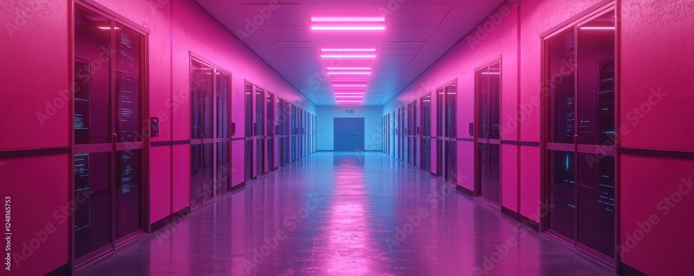 Fototapeta premium Futuristic data center corridor neon lights digital environment technology concept perspective view