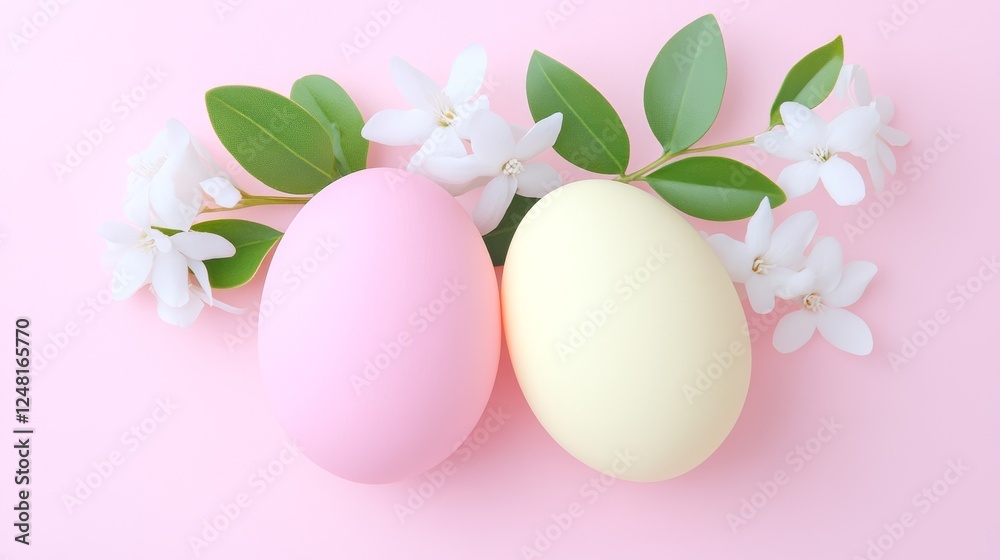 Pastel easter eggs with jasmine flowers on pink background Pastel easter eggs with jasmine flowers on pink background