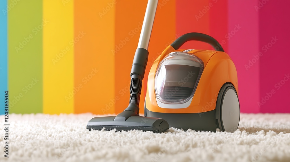 Handheld vacuum cleaner standing on white fluffy carpet with parquet isolated on a colorful background