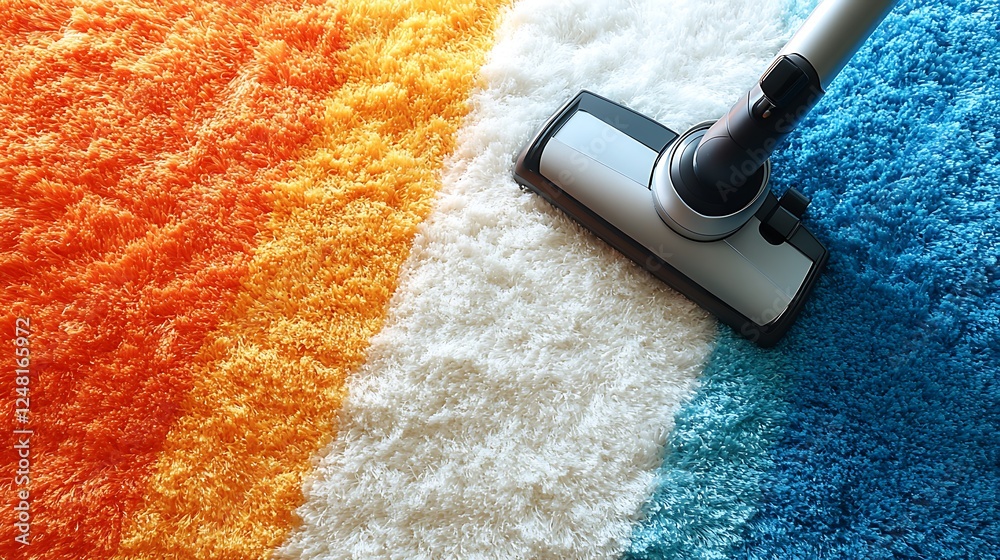 Handheld vacuum cleaner standing on white fluffy carpet with parquet isolated on a colorful background