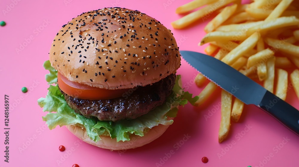 Handmade top sirloin cheese burger with lettuce tomato fries and a steak knife holding it all together isolated on a colorful background