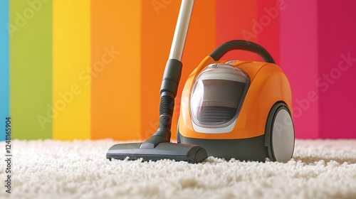 Handheld vacuum cleaner standing on white fluffy carpet with parquet isolated on a colorful background