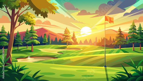 Beautiful golf course with green fairway and flag on the side, golden hour lighting, beautiful sky, trees in the background, wide shot.