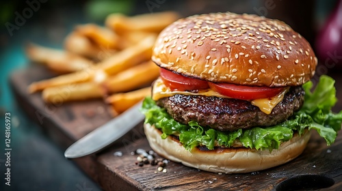 Obraz na płótnie Handmade top sirloin cheese burger with lettuce tomato fries and a steak knife holding it all together isolated on a colorful background w salonie