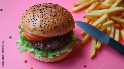 Obraz na płótnie Handmade top sirloin cheese burger with lettuce tomato fries and a steak knife holding it all together isolated on a colorful background w salonie
