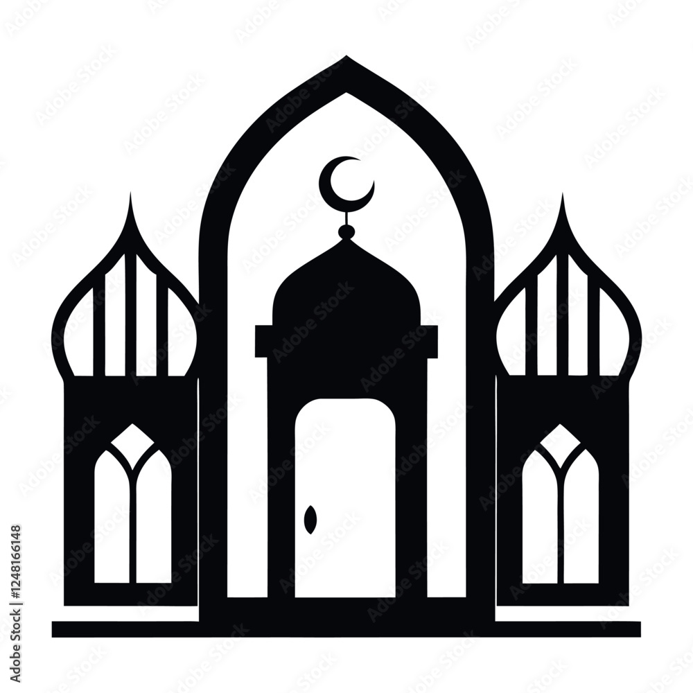 Simple Black Mosque Silhouette with a Crescent Moon
Islamic Architecture Icon for Ramadan and Eid Simple Black Mosque Silhouette with a Crescent Moon
Islamic Architecture Icon for Ramadan and Eid