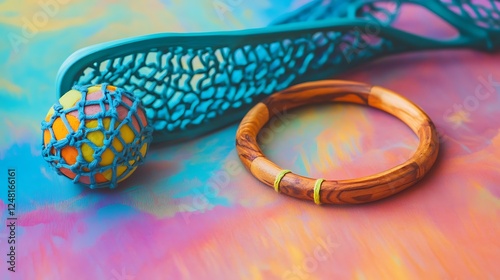Obraz na płótnie Handmade wooden bracelet paired with a lacrosse ball isolated on a colorful background w salonie