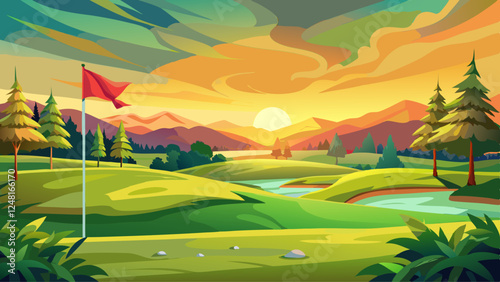 Beautiful golf course with green fairway and flag on the side, golden hour lighting, beautiful sky, trees in the background, wide shot.