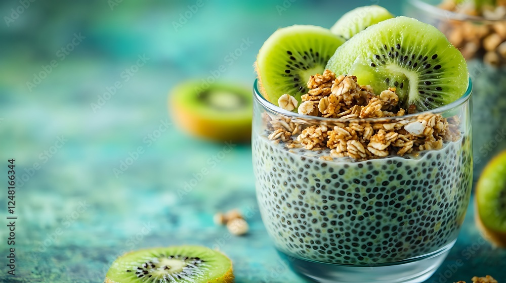 Healthy breakfast chia pudding with kiwi and granola in glass isolated on a colorful background
