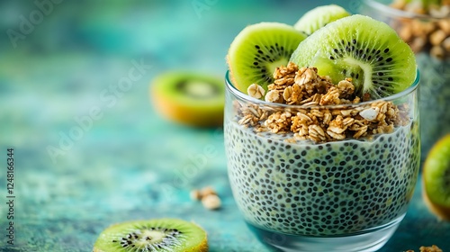 Obraz na płótnie Healthy breakfast chia pudding with kiwi and granola in glass isolated on a colorful background w salonie