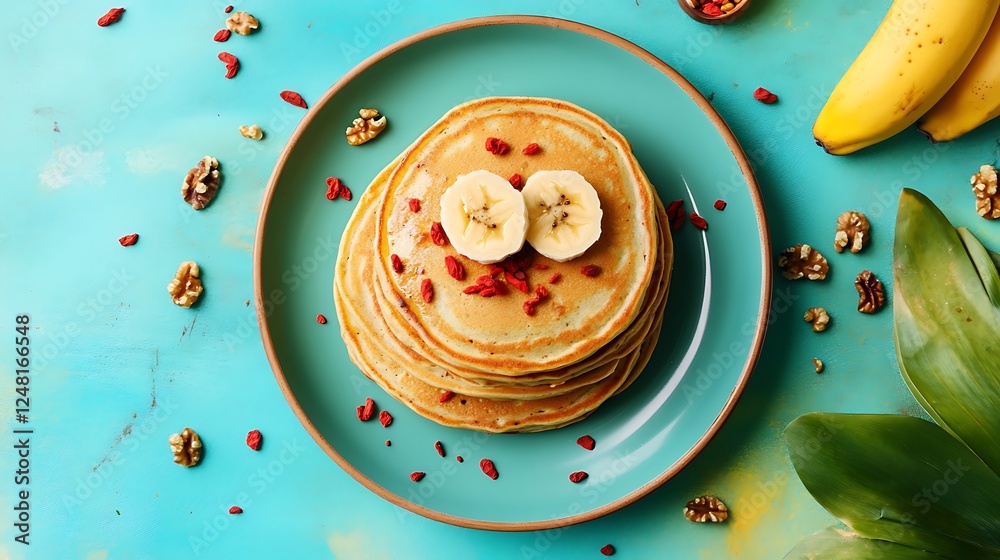Healthy breakfast table homemade pancakes with banana goji and walnuts isolated on a colorful background
