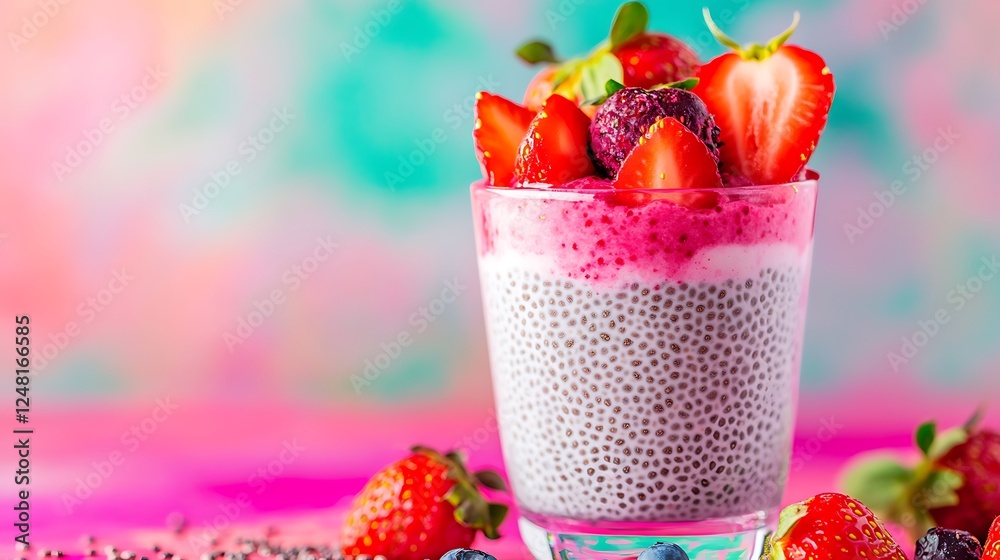 Healthy chia pudding in a glass with fresh strawberries made from almond milk and berry juice isolated on a colorful background