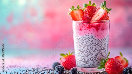 Obraz na płótnie Healthy chia pudding in a glass with fresh strawberries made from almond milk and berry juice isolated on a colorful background w salonie