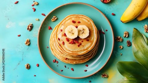 Obraz na płótnie Healthy breakfast table homemade pancakes with banana goji and walnuts isolated on a colorful background w salonie