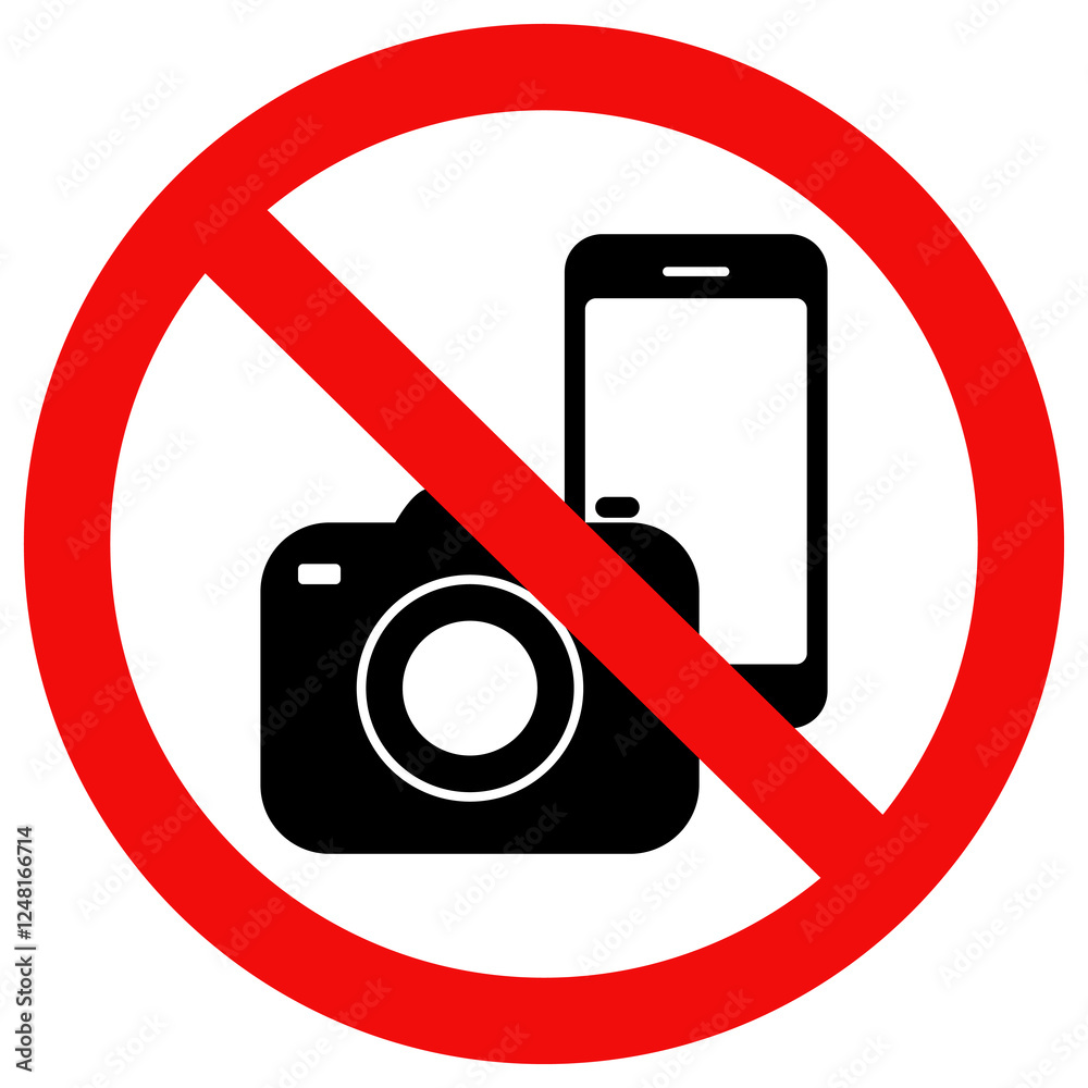 No recording or photography prohibited sign. No camera or mobile phone sign icon. Flat style vector illustration editable isolated design.