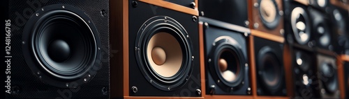 A close-up view of various sound speakers arranged in a modern setup, highlighting design and audio quality. photo