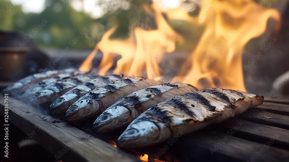 Heating marinated mackerel fillets over the fire on a wood deck