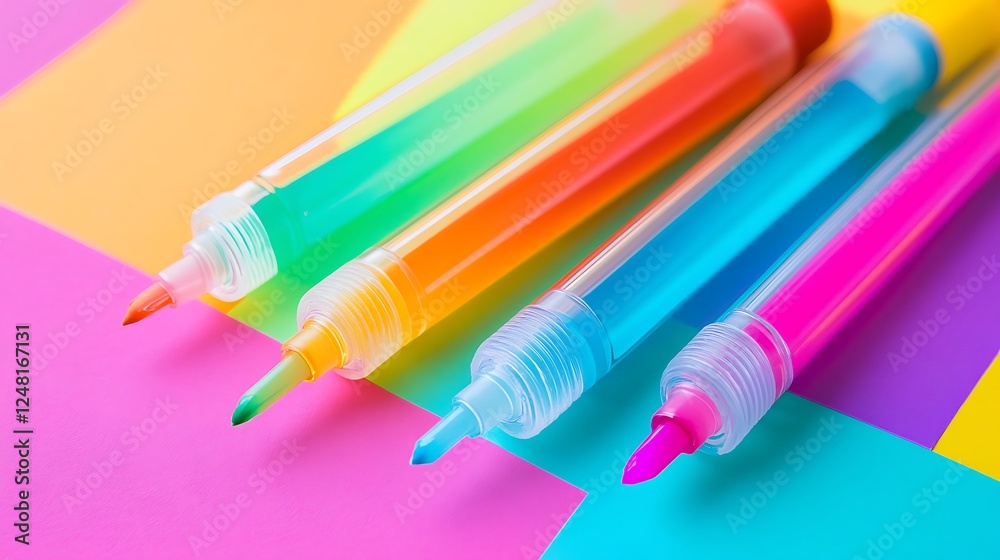 Highlighter markers with titration burettes isolated on a colorful background
