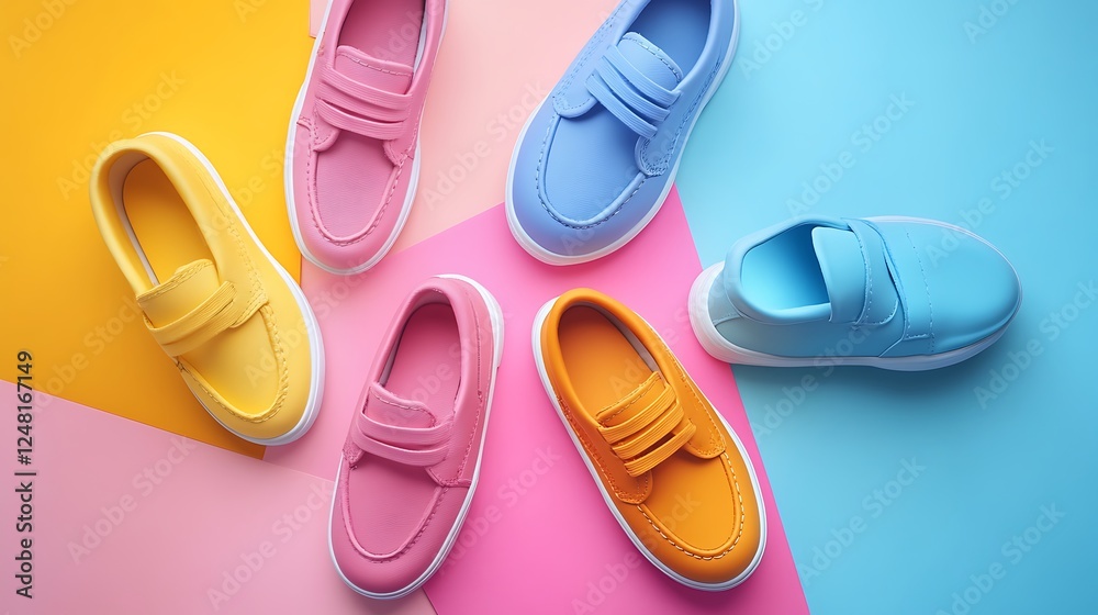 High angle view of school children shoes arranged outside the classroom isolated on a colorful background
